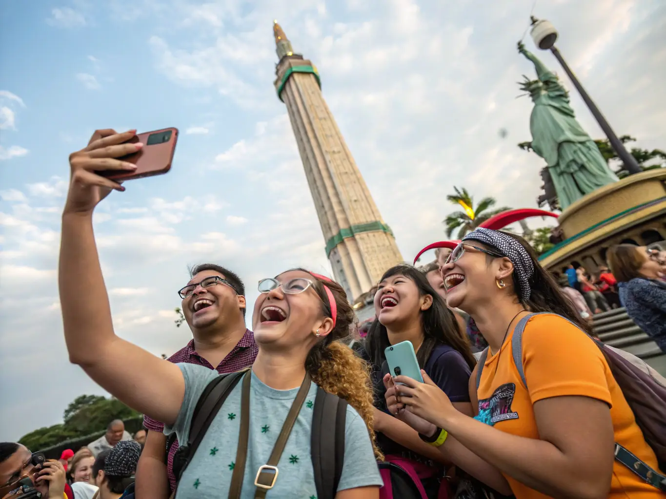 A lively image of a group of tourists laughing and exploring a famous landmark in London during a group tour.